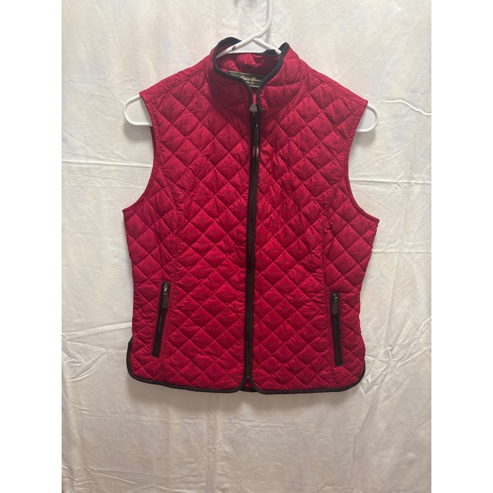 Eddie Bauer Quilted Goose Down Vest Womens Small Red Zip Up Puffer Embroidery